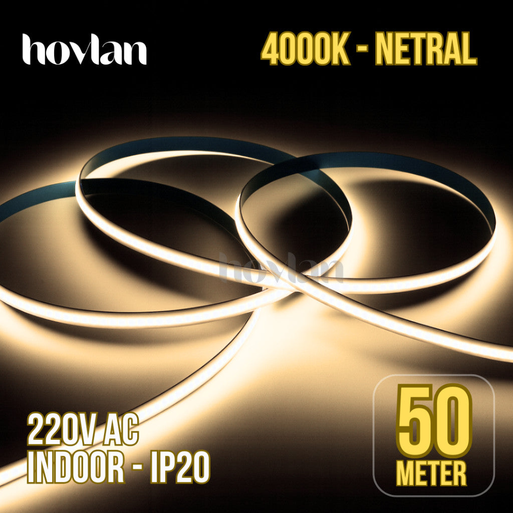 Led Strip Cob AC 220v Hovlan HVC2210 Lampu 10 Meter Plafon Flexible Selang Pita Dotless Tanpa Trafo Indoor