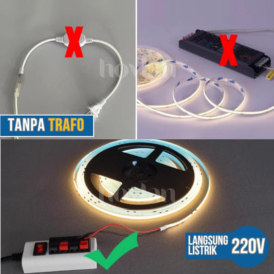 Led Strip Cob AC 220v Hovlan HVC2210 Lampu 10 Meter Plafon Flexible Selang Pita Dotless Tanpa Trafo Indoor