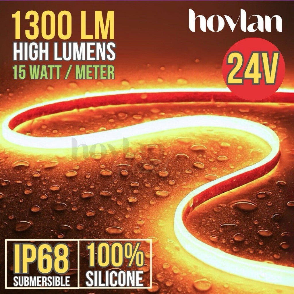 Led Strip COB DC 24V Hovlan Selang IP68 HVXC2415 Anti Air Silicone Waterproof High Lumens Terang 15w