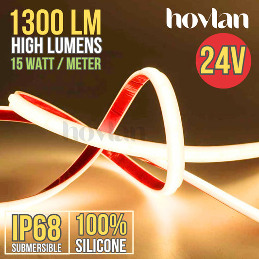 Led Strip COB DC 24V Hovlan Selang IP68 HVXC2415 Anti Air Silicone Waterproof High Lumens Terang 15w