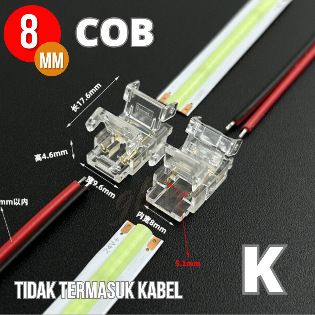 Konektor Soket Led Strip COB SMD 8mm HVKC8 Hovlan Lampu Pita Crystal Bening Klem Transparan