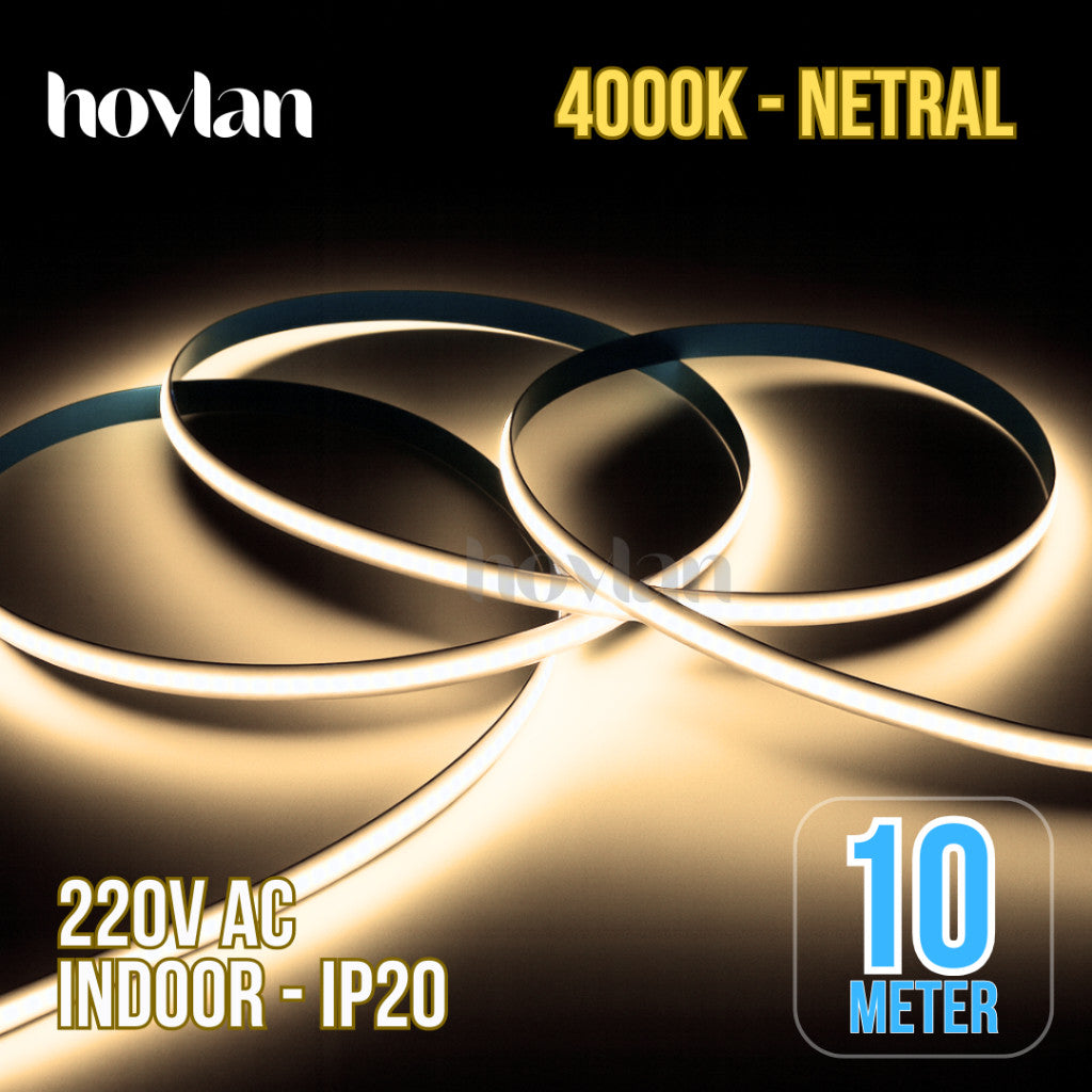Led Strip Cob AC 220v Hovlan HVC2210 Lampu 10 Meter Plafon Flexible Selang Pita Dotless Tanpa Trafo Indoor