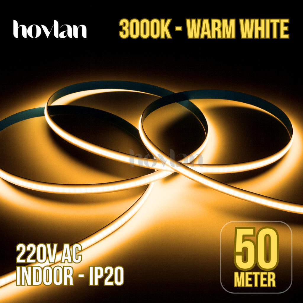 Led Strip Cob AC 220v Hovlan HVC2210 Lampu 10 Meter Plafon Flexible Selang Pita Dotless Tanpa Trafo Indoor