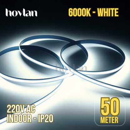 Led Strip Cob AC 220v Hovlan HVC2210 Lampu 10 Meter Plafon Flexible Selang Pita Dotless Tanpa Trafo Indoor