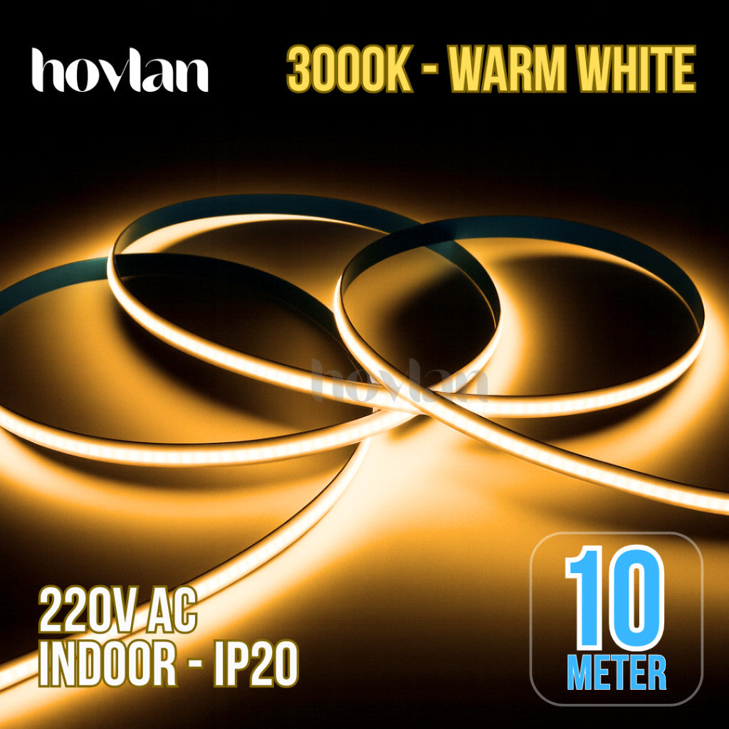 Led Strip Cob AC 220v Hovlan HVC2210 Lampu 10 Meter Plafon Flexible Selang Pita Dotless Tanpa Trafo Indoor