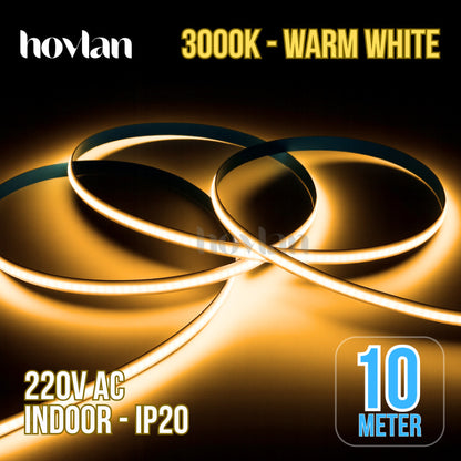 Led Strip Cob AC 220v Hovlan HVC2210 Lampu 10 Meter Plafon Flexible Selang Pita Dotless Tanpa Trafo Indoor