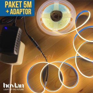 Paket Led Strip COB 12v Merk Hovlan + Adaptor 3A Flexible Lampu Pita Indoor Dotless Tanpa Mata - 3000K WW