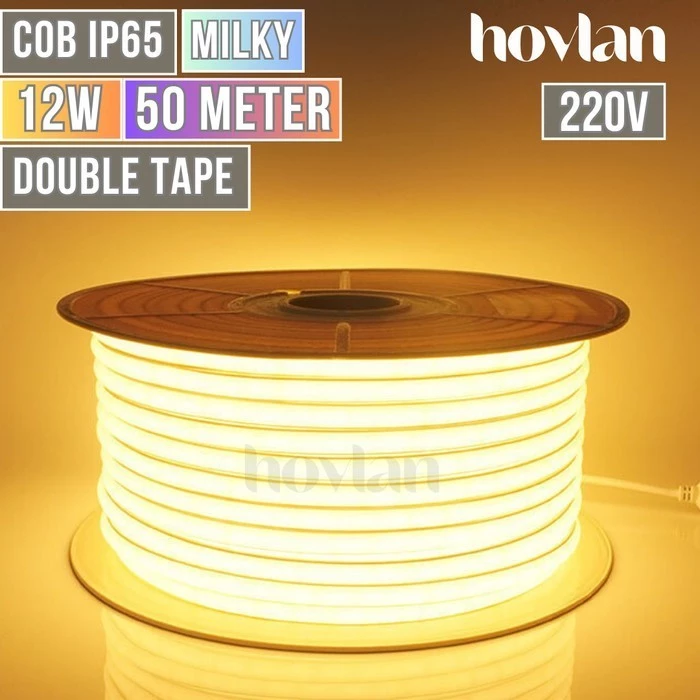 Lampu Selang Neon Flex Susu Cob Hovlan Led Strip 220v Dotless Tanpa Titik Anti Air IP65 1 Roll Taman Kolam Outdoor